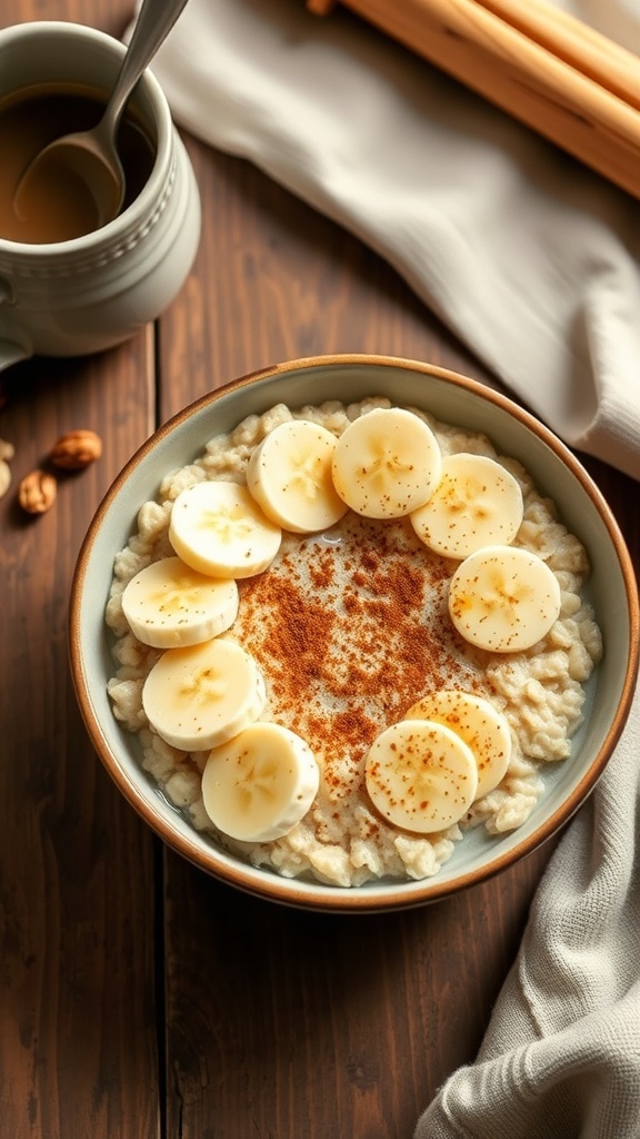 A bowl of oatmeal with banana slices and honey on a wooden table with coffee and nuts.